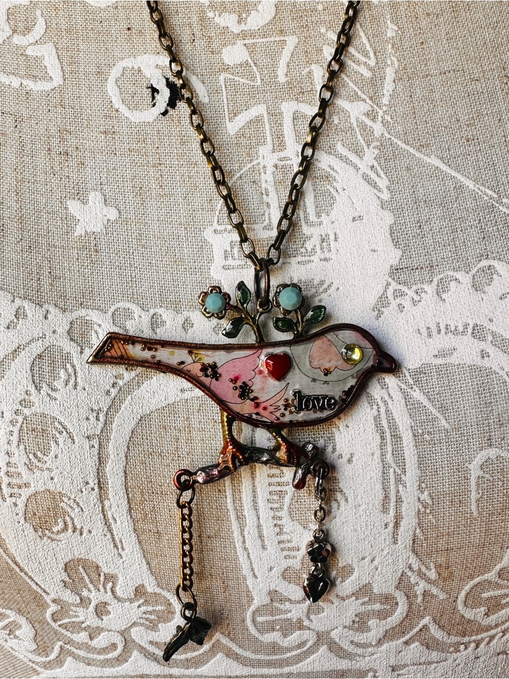 Pink Love Bird Pendant Necklace with Floral Accents
